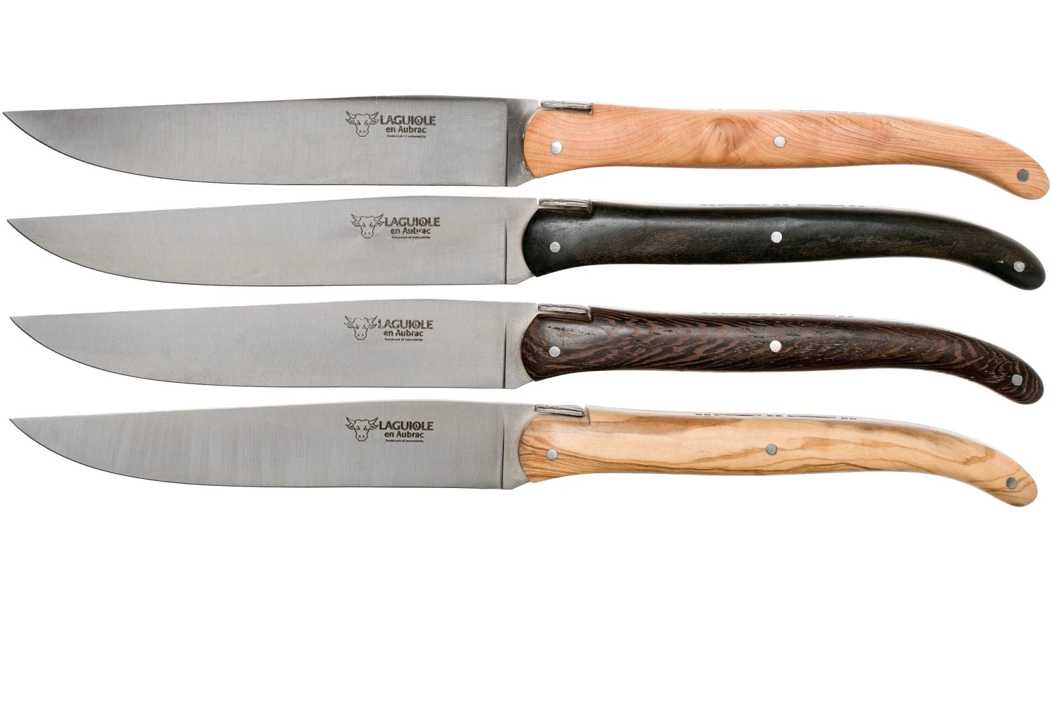 Laguiole En Aubrac Steakmesserset 4-teilig Verschiedenes Holz Mit Messerhalter 4 Laguiole En Aubrac Steakmesserset 4-teilig Verschiedenes Holz Mit Messerhalter – Bild 2